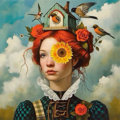 Floral Girl Poster | Rustic Aviary Symphony with Blooming Flowers and Birdhouse | Whimsical Art for Home Decor