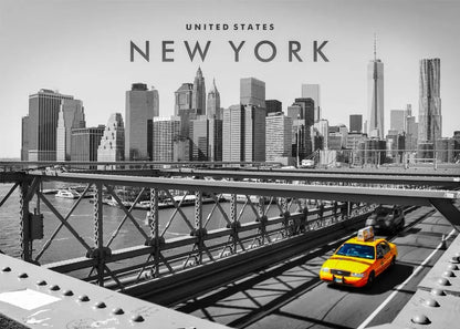 New York City Skyline | Yellow Taxi on Brooklyn Bridge | Urban Landscape Poster | City Life Art Print | NYC Wall Decor