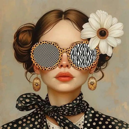 Floral Girl Poster | Sophisticated Patterned Elegance | Intricate Design | Chic Floral & Polka Dot Theme