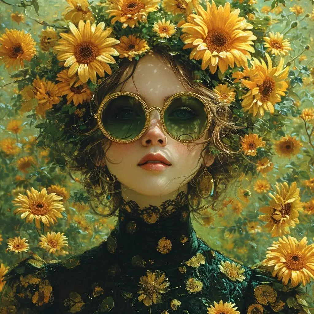 Floral Girl Poster | Eternal Sunflower Portrait | Vibrant Golden Summer Eyes | Lush Sunflower Enveloped Artwork | Home Wall Decor