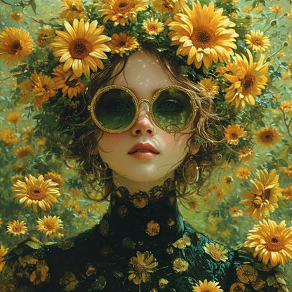 Floral Girl Poster | Eternal Sunflower Portrait | Vibrant Golden Summer Eyes | Lush Sunflower Enveloped Artwork | Home Wall Decor