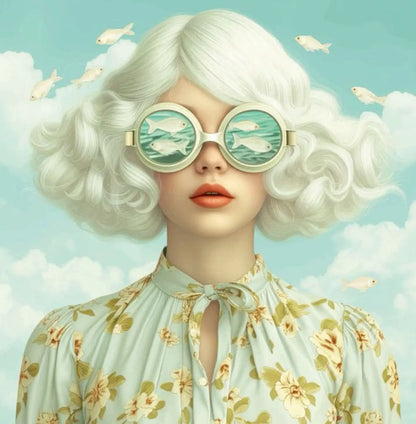 Floral Girl | Botanical Beauty Poster | Sunglasses Woman Encircled with Bright Flowers | Wall Art Decor