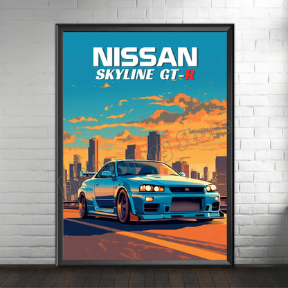 Retro Poster Canvas Painting Japanese Car 1990s Classic Car Nissan Skyline GT-R R34 Wall Art Pictures Home Interior Decor