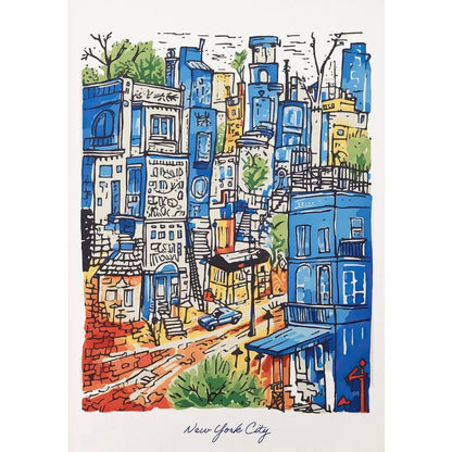 New York City Poster | Urban Skyline and Streets Artwork | Blue and Orange Watercolor Design | Modern Apartment Decor