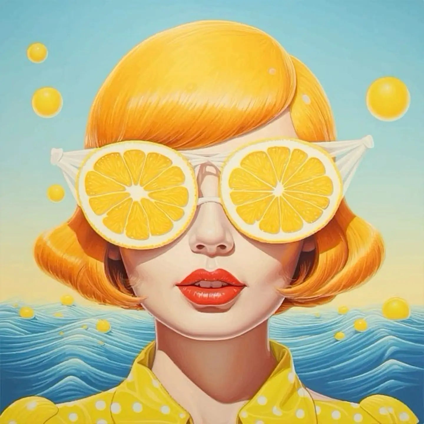 Floral Girl Poster | Vibrant Lemon Slice Sunglasses | Sparkling Ocean Backdrop | Fresh Zesty Summer Feel | Decorative Wall Art