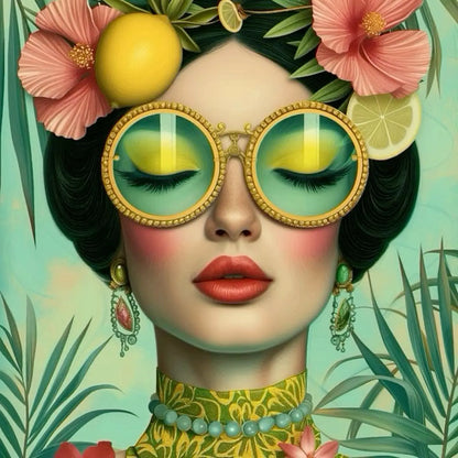 Floral Girl Poster | Vintage Flower Optics | Woman with Floral Sunglasses amidst Blooming Garden