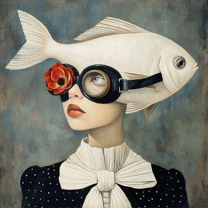 Floral Girl Poster | Surreal Celestial Aquaview | Woman with Fish Head & Vintage Diving Mask | Colorful Artistic Print