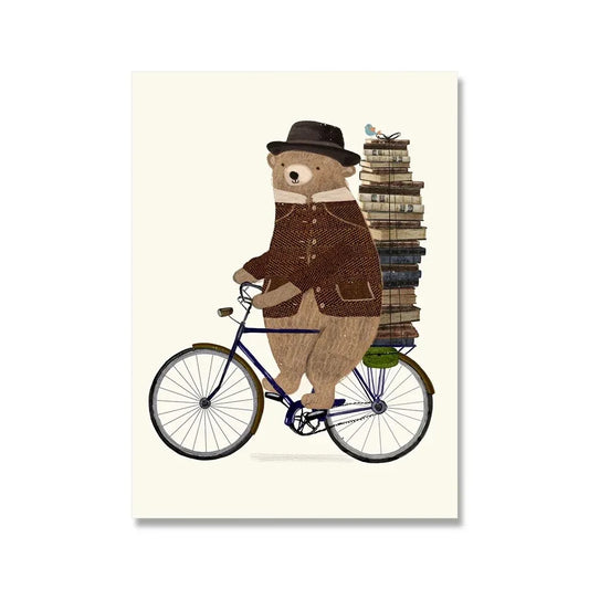Bear's Bibliocycle | Whimsical Poster | A Joyful Adventure in Animated Art | Decorative Wall Art