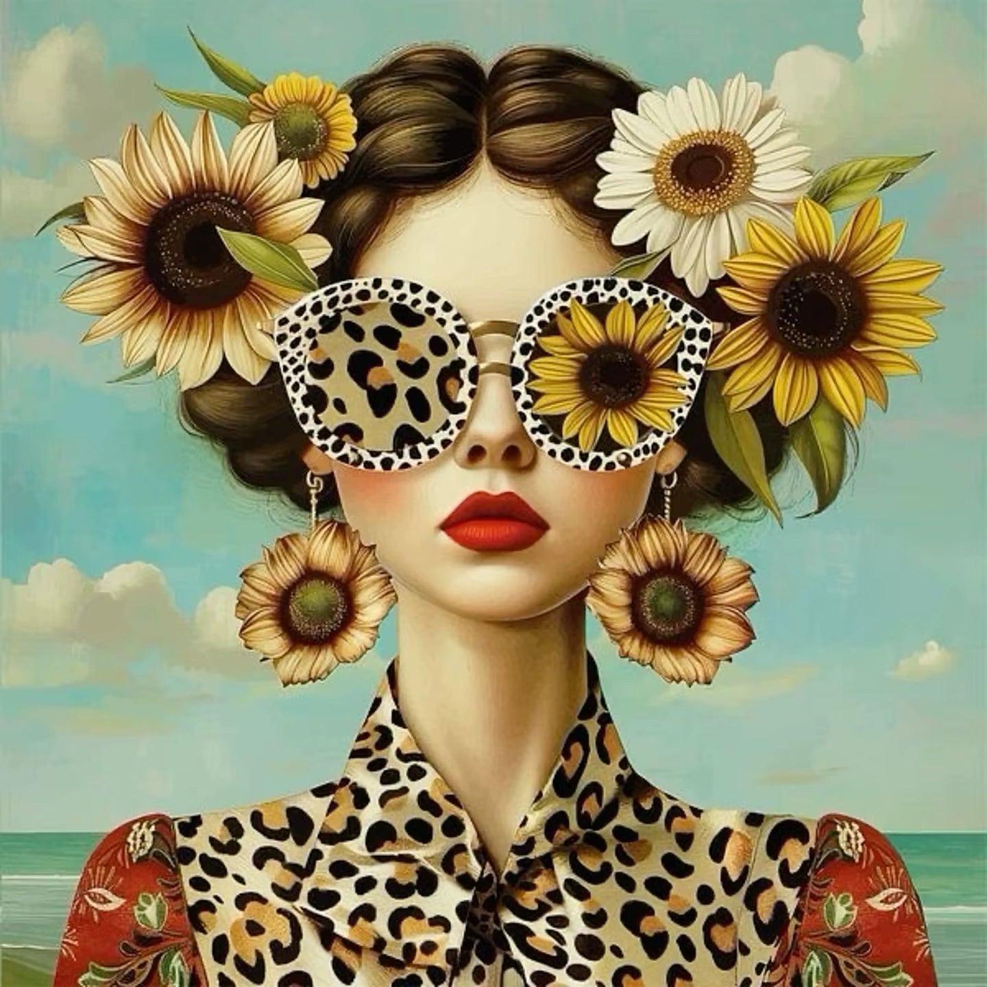 Floral Girl Poster | Sunflower Adorned Woman with Leopard Print | Wild Patterns & Rustic Floral Charm Decor