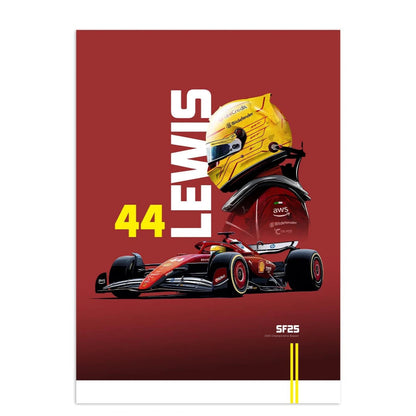 2025 Season Lewis Hamilton Formula 1 Racing Poster | SF25 Championship Car with Iconic Yellow Helmet | Red Collector's Edition
