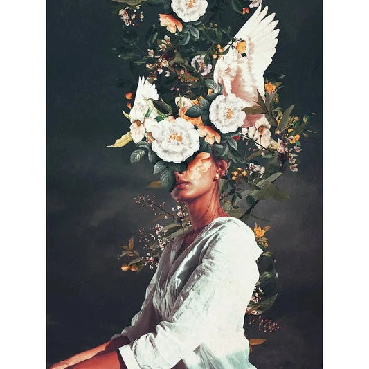 Vibrant Floral Woman Poster | Vintage Flower Heads | Art Print | Colors in Contrast | Home Decor