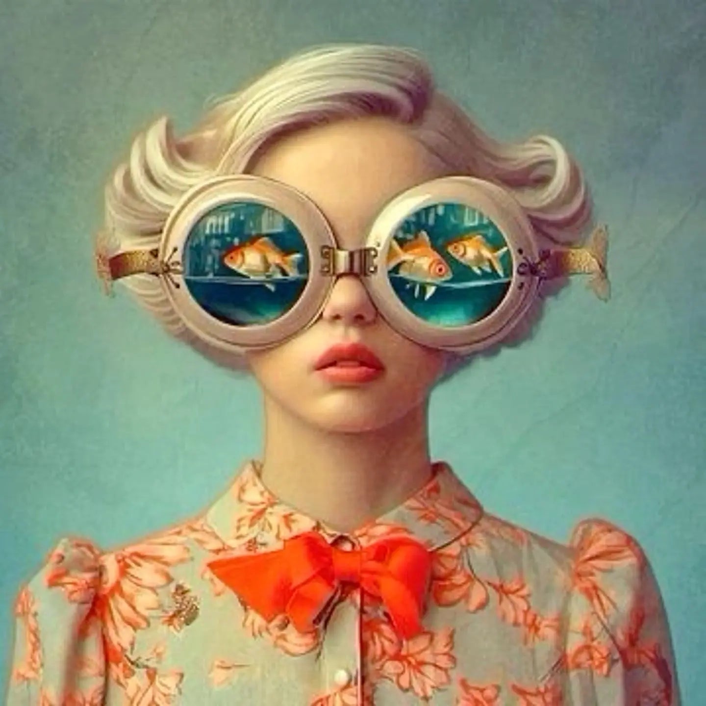 Floral Girl Poster | Woman with Fish in Oversized Sunglasses | Serene Aqua Backdrop Art | Unique Home Decor