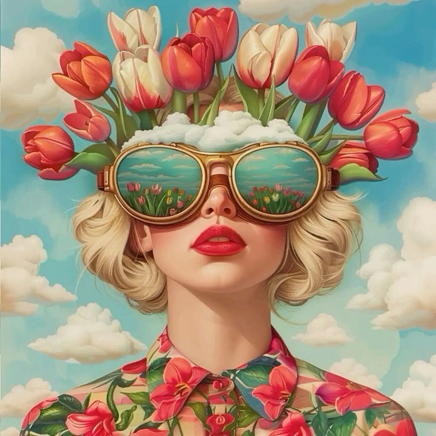 Floral Girl Poster | Tulip Crown | Serene Sky Reflection | Spring Essence Decor | Sunglasses Art