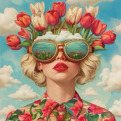 Floral Girl Poster | Tulip Crown | Serene Sky Reflection | Spring Essence Decor | Sunglasses Art