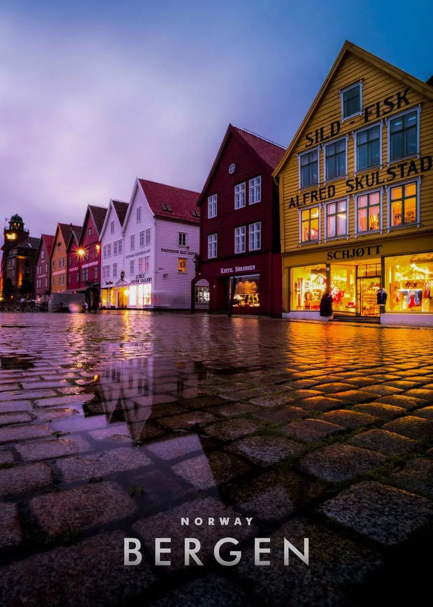 Bryggen at Night Poster | Bergen Norway | Wander Through Iconic Historic Wooden Buildings | Scenic Photography Art Print