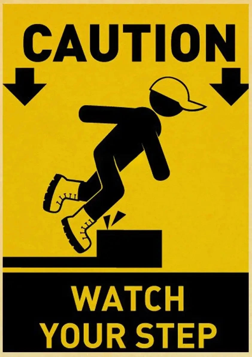 Caution Watch Your Step Poster | Vintage Style Warning Artwork | Decorative Danger Sign Art