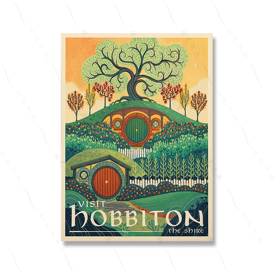 The Shire Poster | Visit The Shire: Charming Hobbiton Landscape Poster  A Dreamy Addition for Fans of Peaceful Countrysides and Cozy Dwellings