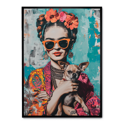 Frida Kahlo Style Poster | Chihuahua Portrait Art | Colorful Wall Decor | Artistic Print for Home & Garden | Unique Dog Themed Artwork