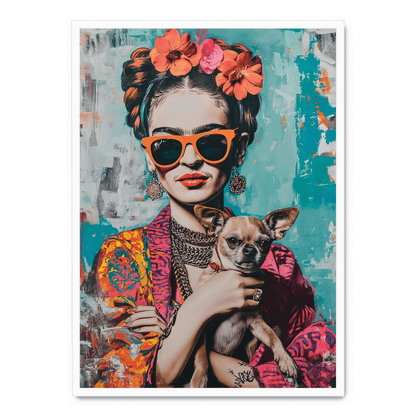 Frida Kahlo Style Poster | Chihuahua Portrait Art | Colorful Wall Decor | Artistic Print for Home & Garden | Unique Dog Themed Artwork