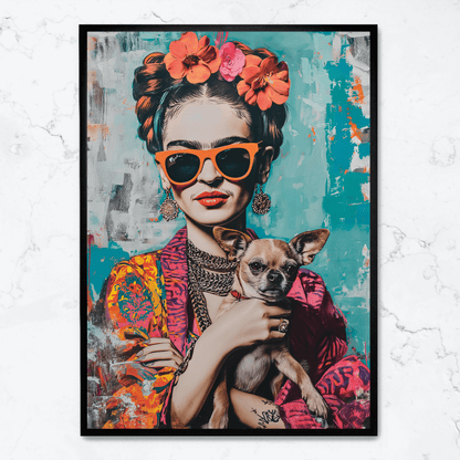 Frida Kahlo Style Poster | Chihuahua Portrait Art | Colorful Wall Decor | Artistic Print for Home & Garden | Unique Dog Themed Artwork
