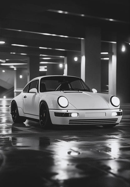 Retro White Sports Car | Black & White Automotive Design
