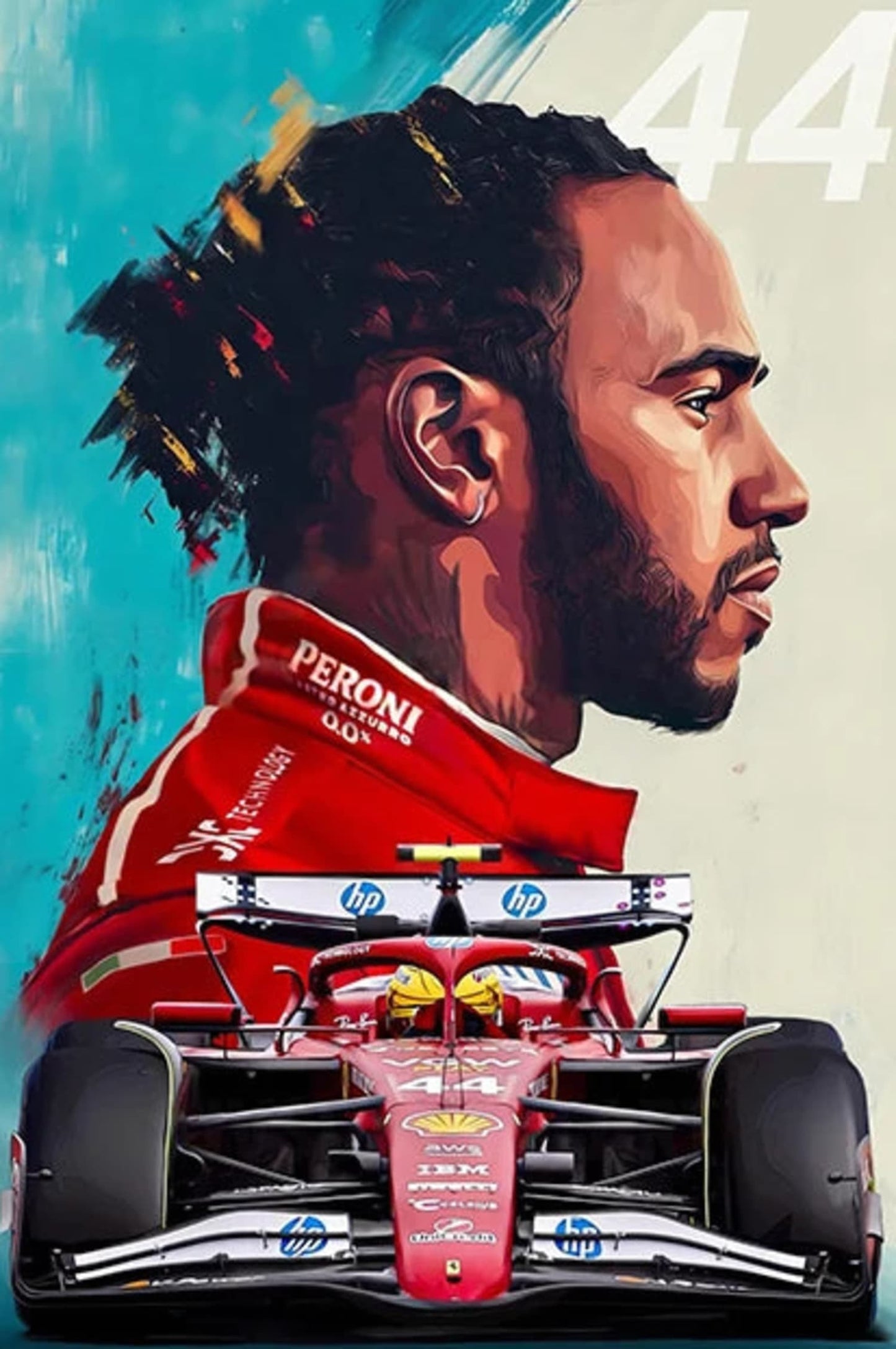 Lewis Hamilton 2025 Formula 1 Season Artistic Portrait Poster | Vibrant Abstract Background | SF25 Car | Number 44
