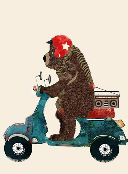 Bear's Scooter Serenade Poster | Whimsical Animal Art | Playful Backdrop for Kids Room Decor | Vibrant Animated Illustration