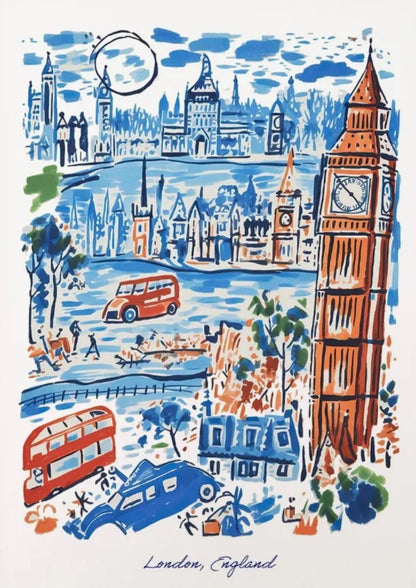 London Landmarks | Blue & Red Urban Scene