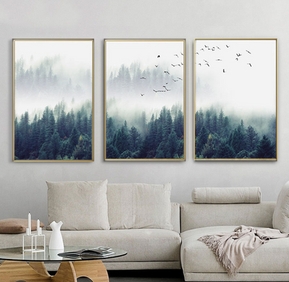 Birds in Deep Fog | Triptych Poster Set | Nature Wall Art | Misty Forest Scene | Home Decor
