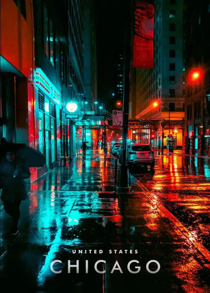 Chicago Rainy Night Poster | Urban Wonders Art Print | Cityscape Wall Decor | Artistic City Rain Scene | USA