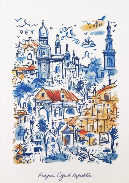 Prague Architecture | Blue & Orange Watercolor