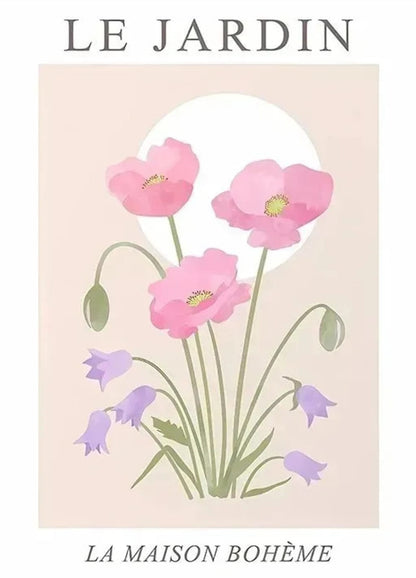 Les Fleurs Poster | Pink Poppies & Purple Bellflowers | Floral Art Décor for Home & Garden