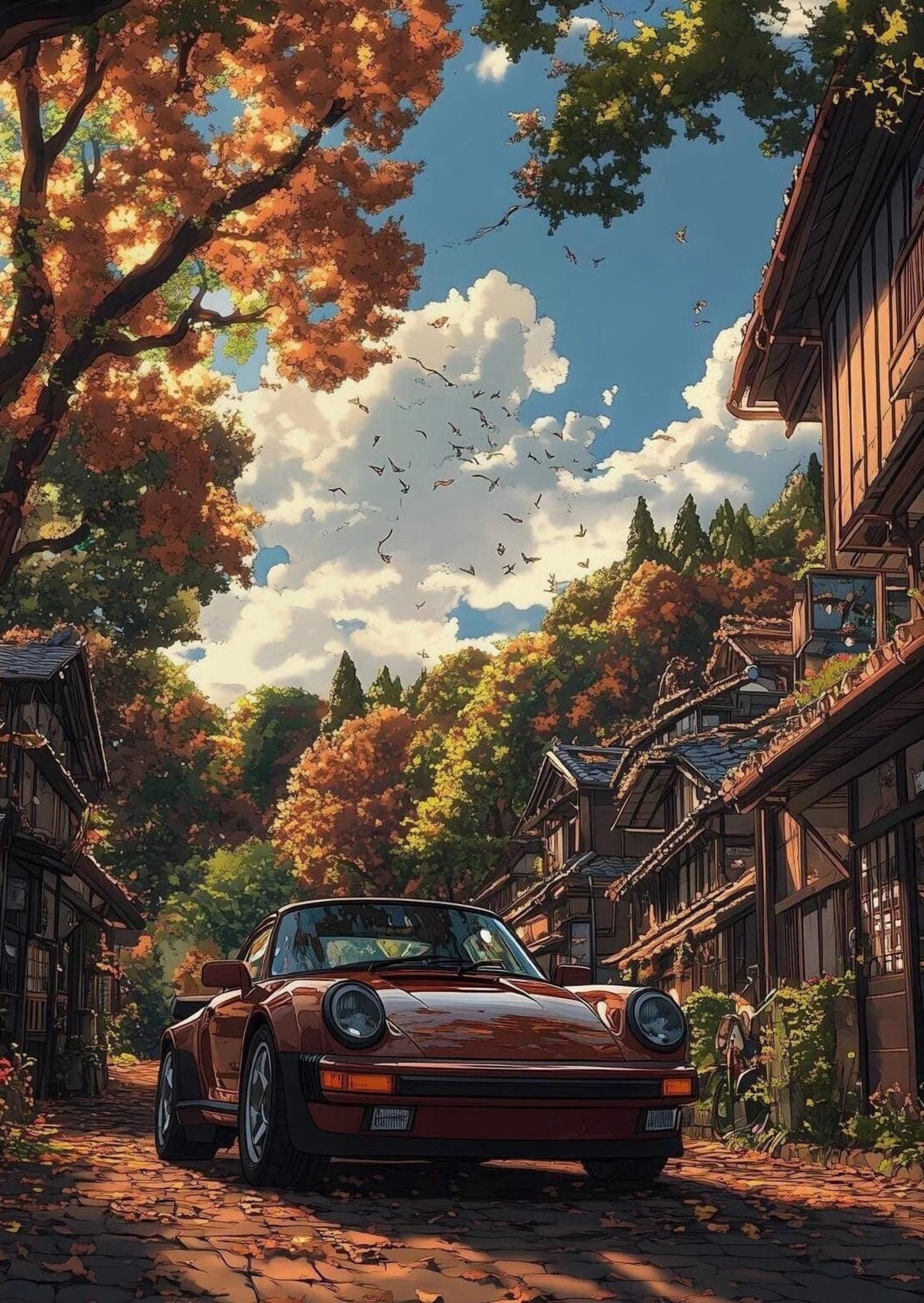 Vintage Red Sports Car | Autumn Village | Japanese Architecture | Maple Trees